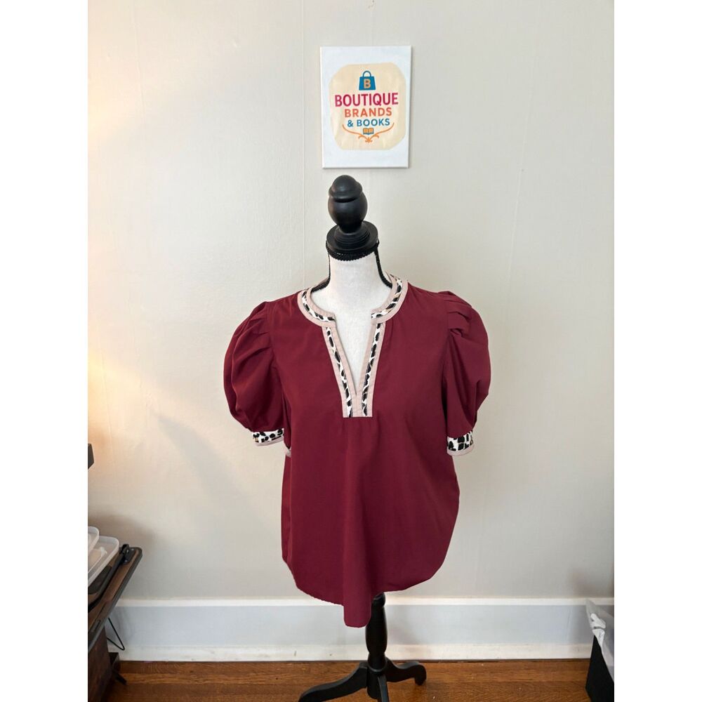 Entro Burgundy Puff Sleeve Blouse Leopard Trim Split Neck Medium